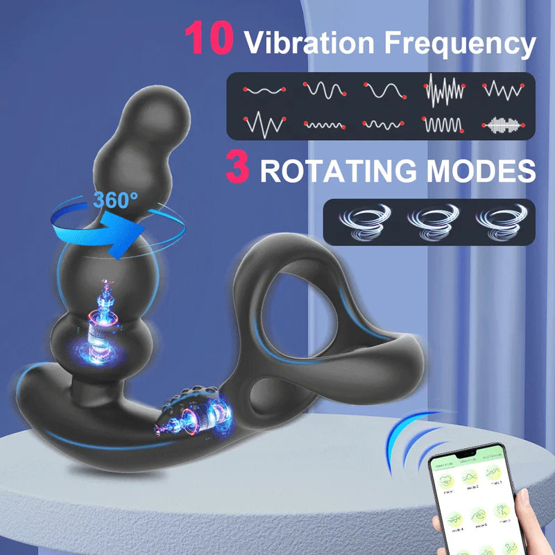 360° Rotate Thrusting Vibrating Prostate Massager Cock Ring with Rasied Dots